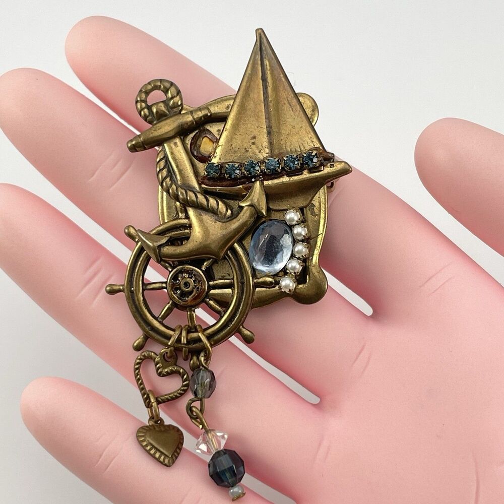 Vintage Nautical Gold Tone Blue Beaded Brooch Pin Anchor Sailboat Wheel Boho